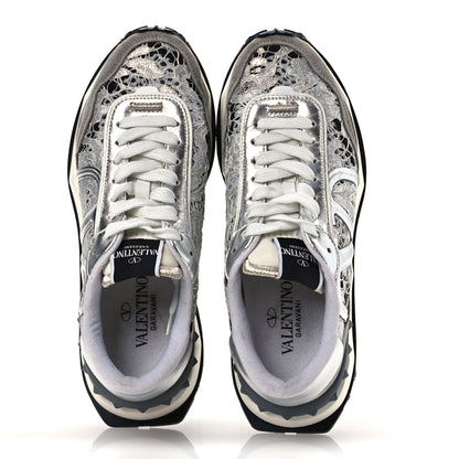 Valentino Garavani Metallic Calfskin Lace Mesh Lacerunner Sneaker 37.5 Silver Pastel Gray 2 of 15