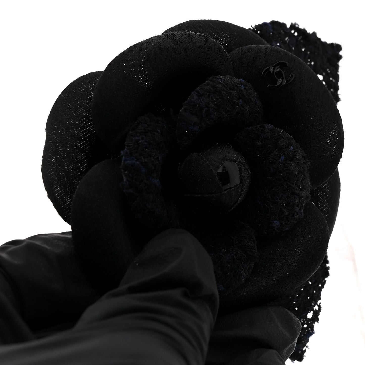 Tweed Fabric Camellia Pin Brooch Navy Blue Black