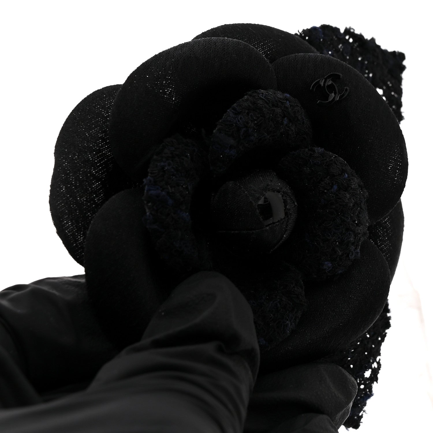 Chanel Tweed Fabric Camellia Pin Brooch Navy Blue Black 3 of 3