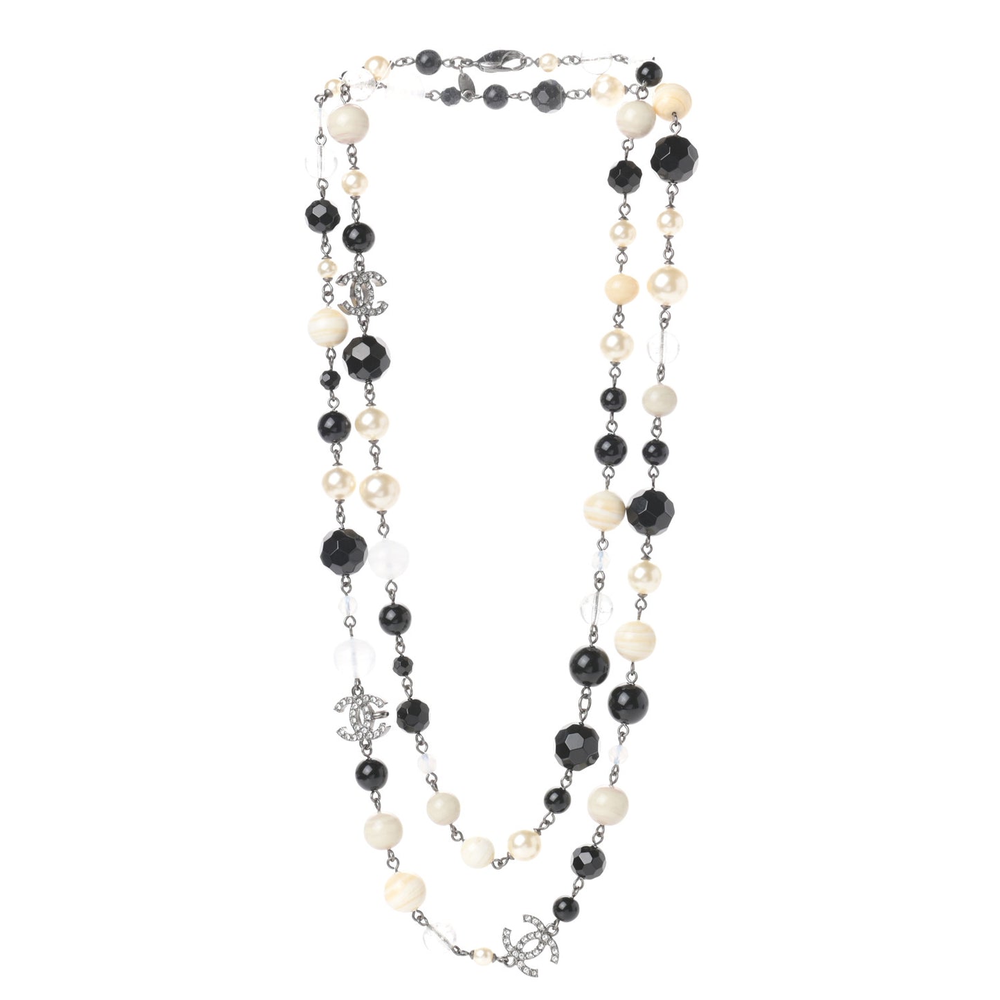 Pearl Crystal Bead CC Long Necklace Black Silver