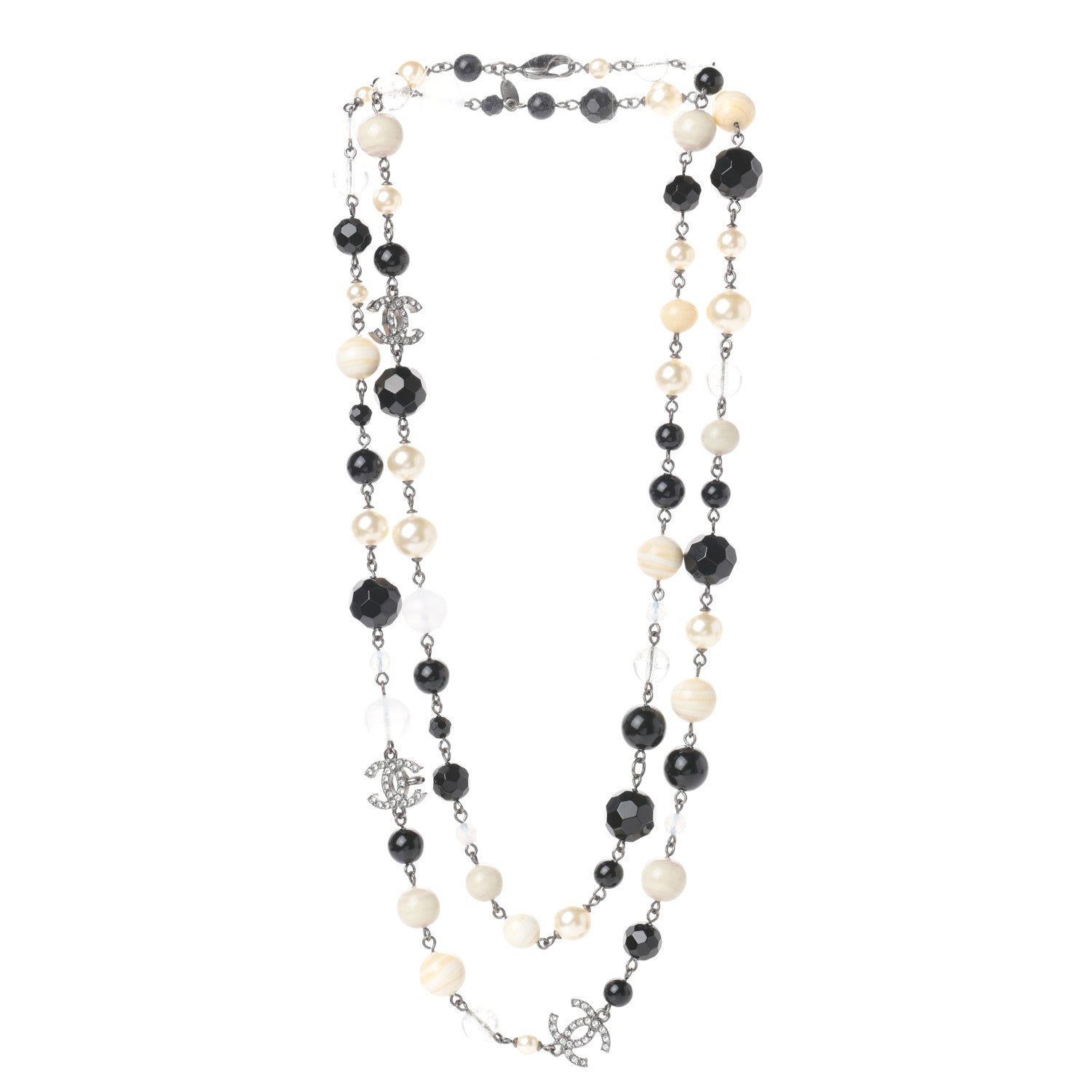 Chanel Pearl Crystal Bead CC Long Necklace Black Silver 3 of 4