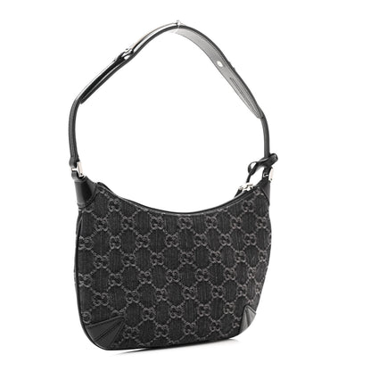 Gucci Jacquard Black Denim GG Monogram Horsebit Slim Small Shoulder Bag Black Grey 3 of 10