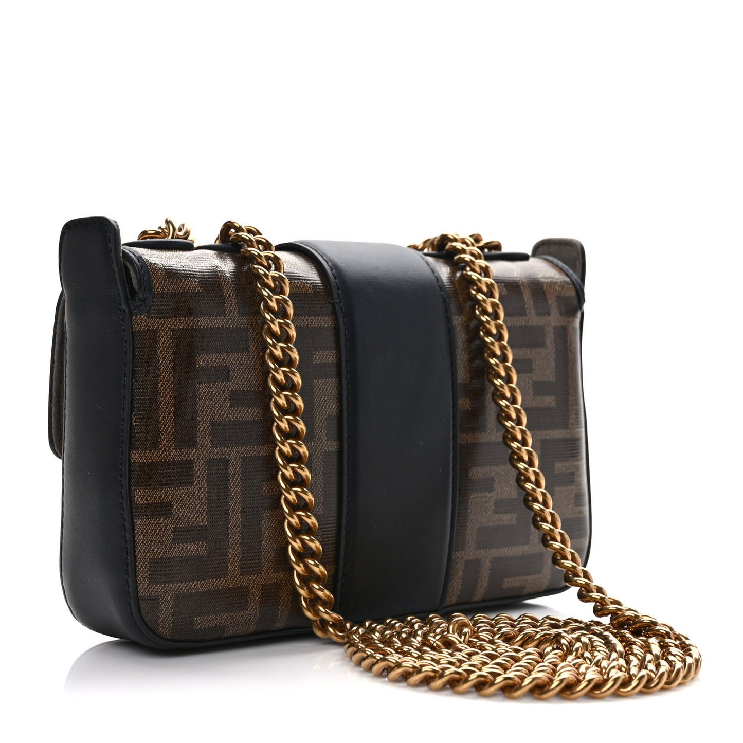 Glazed Fabric Vitello Century FF 1974 Stamp Patch Mini Double F Crossbody Bag Mogano Panna Black