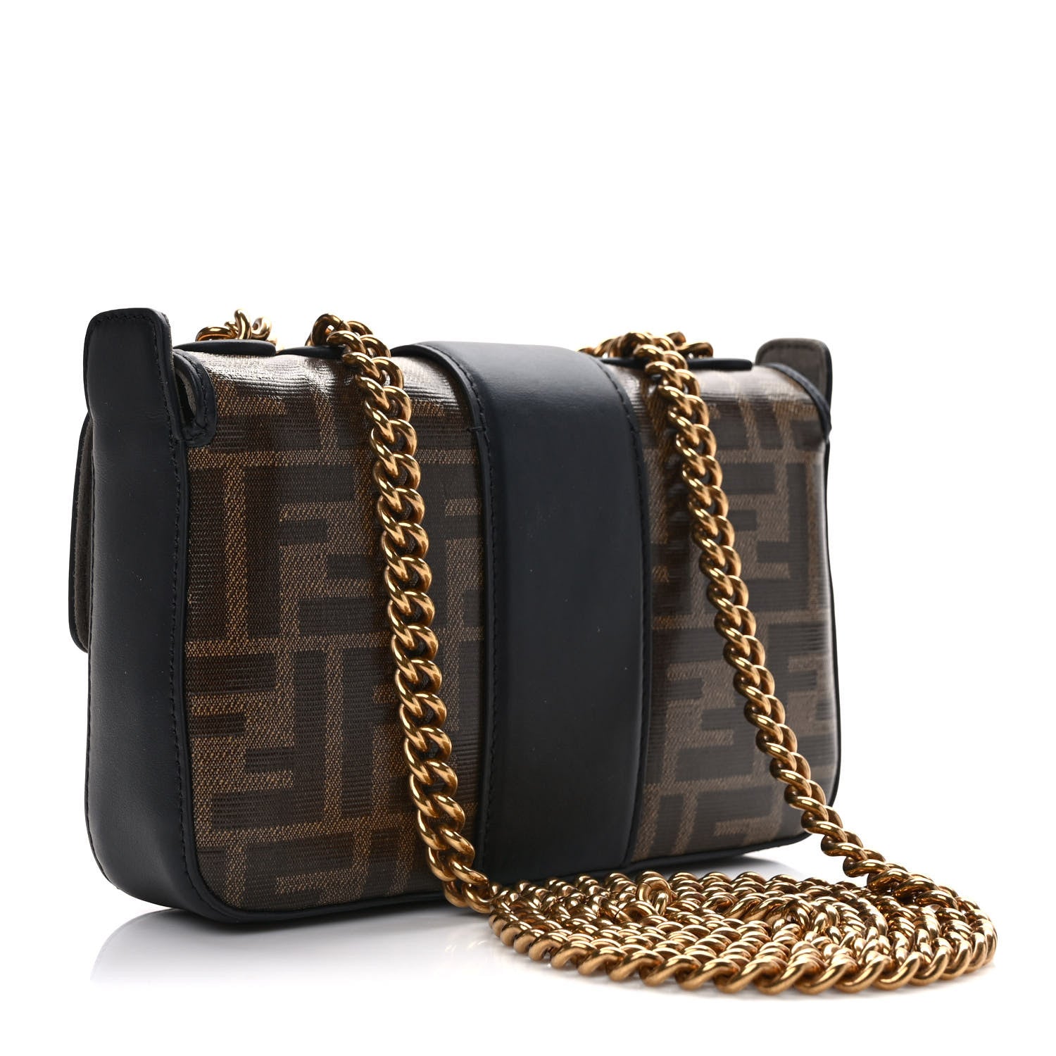 Fendi Glazed Fabric Vitello Century FF 1974 Stamp Patch Mini Double F Crossbody Bag Mogano Panna Black 3 of 9