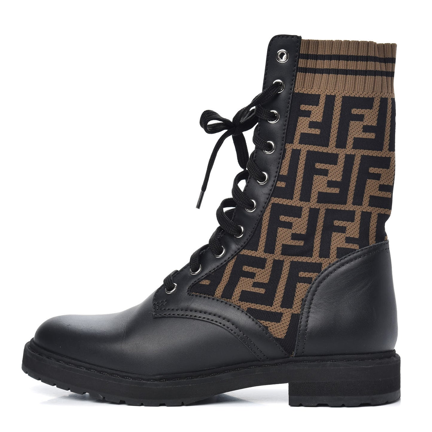 Calfskin Stretch Fabric FF Rockoko Biker Boots 38.5 Black Tobacco