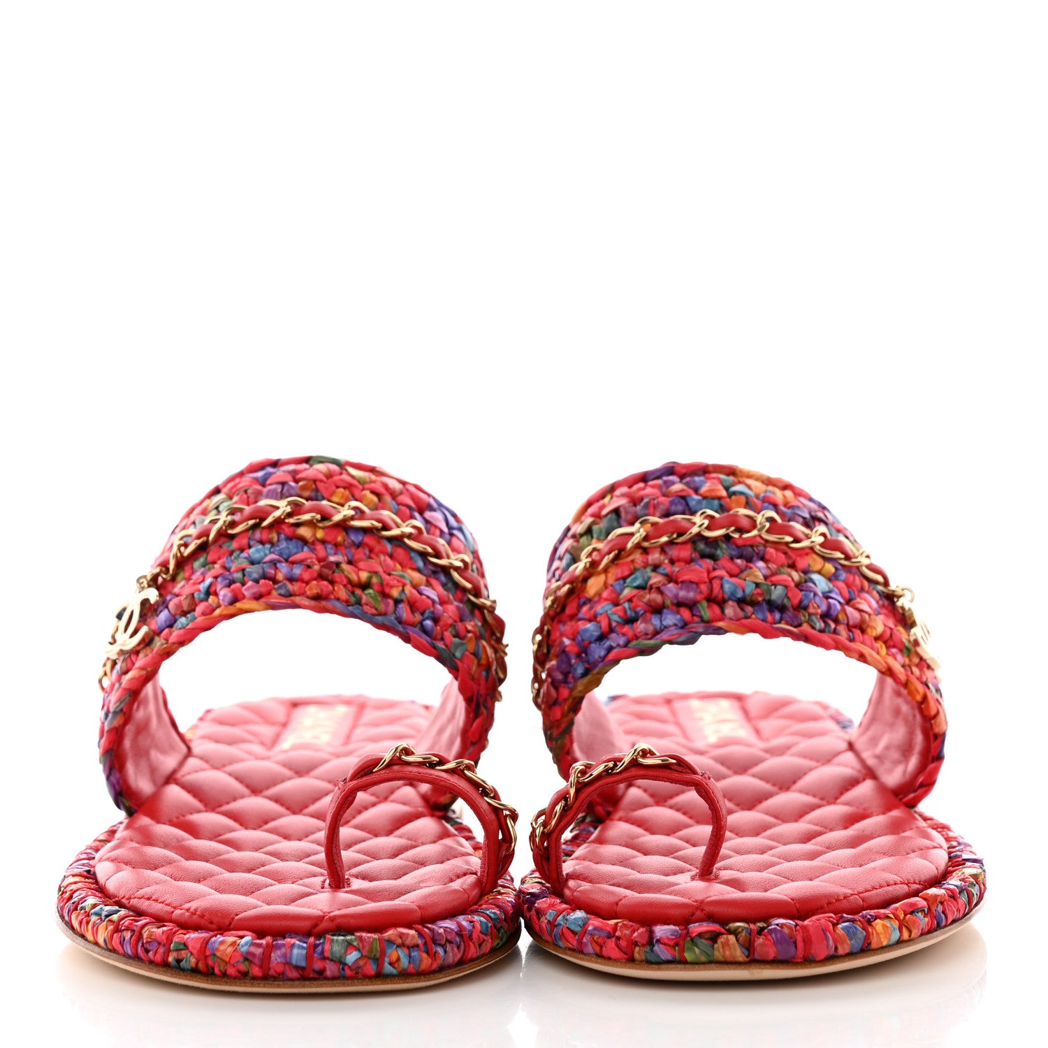 Chanel Raffia Lambskin Woven Chain CC Toe Ring Sandals 40.5 Red Multicolor 2 of 12