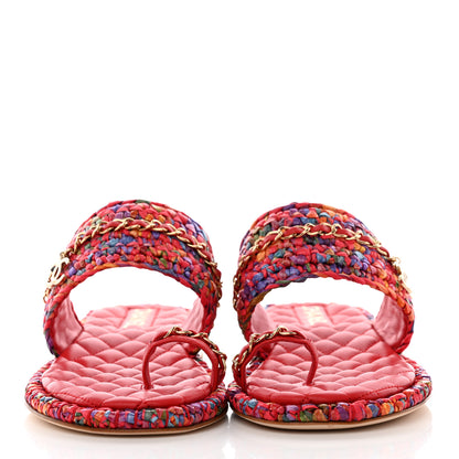 Chanel Raffia Lambskin Woven Chain CC Toe Ring Sandals 40.5 Red Multicolor 2 of 12