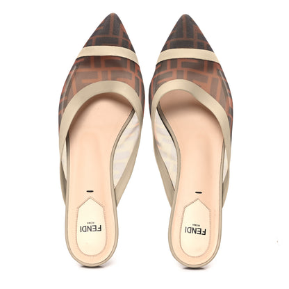 Fendi Technical Mesh Vitello FF Colibri Flat Mules 39 Tobacco Moro Camelia 2 of 10
