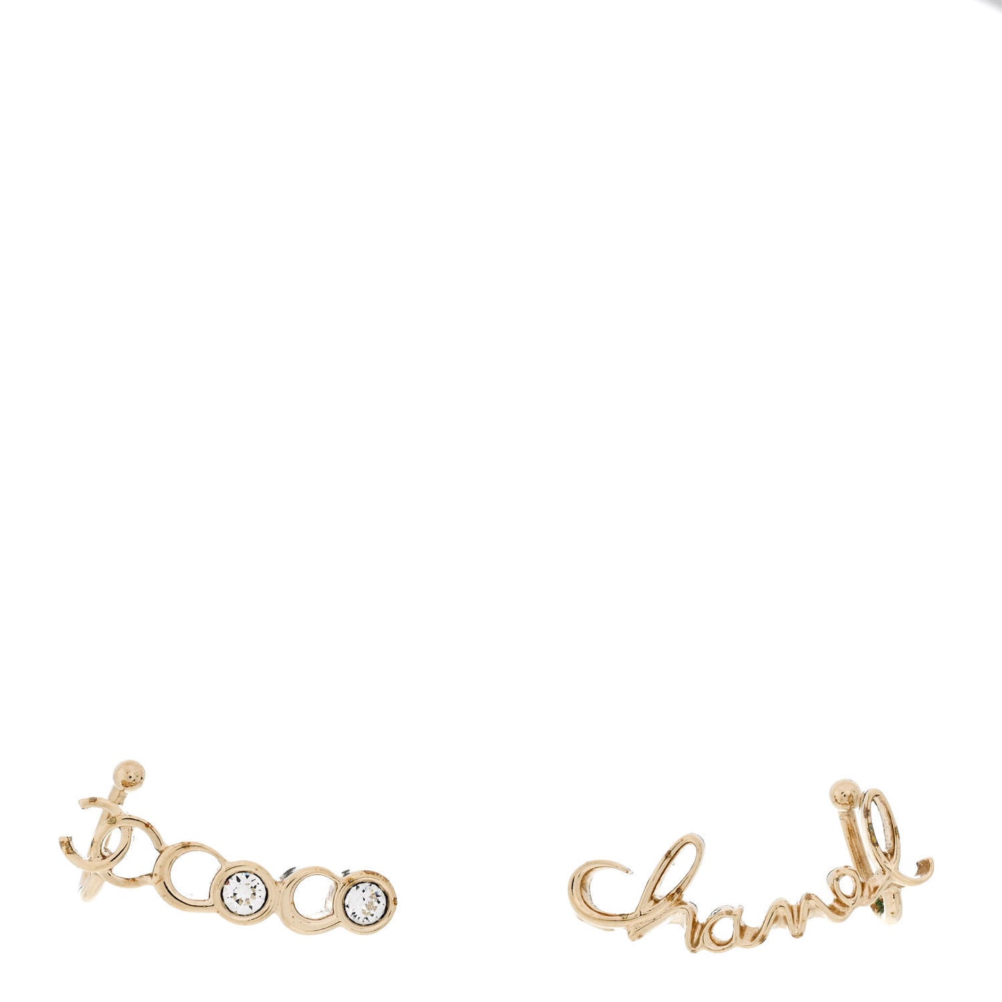 Metal Crystal Coco Script CC Climber Earrings Gold