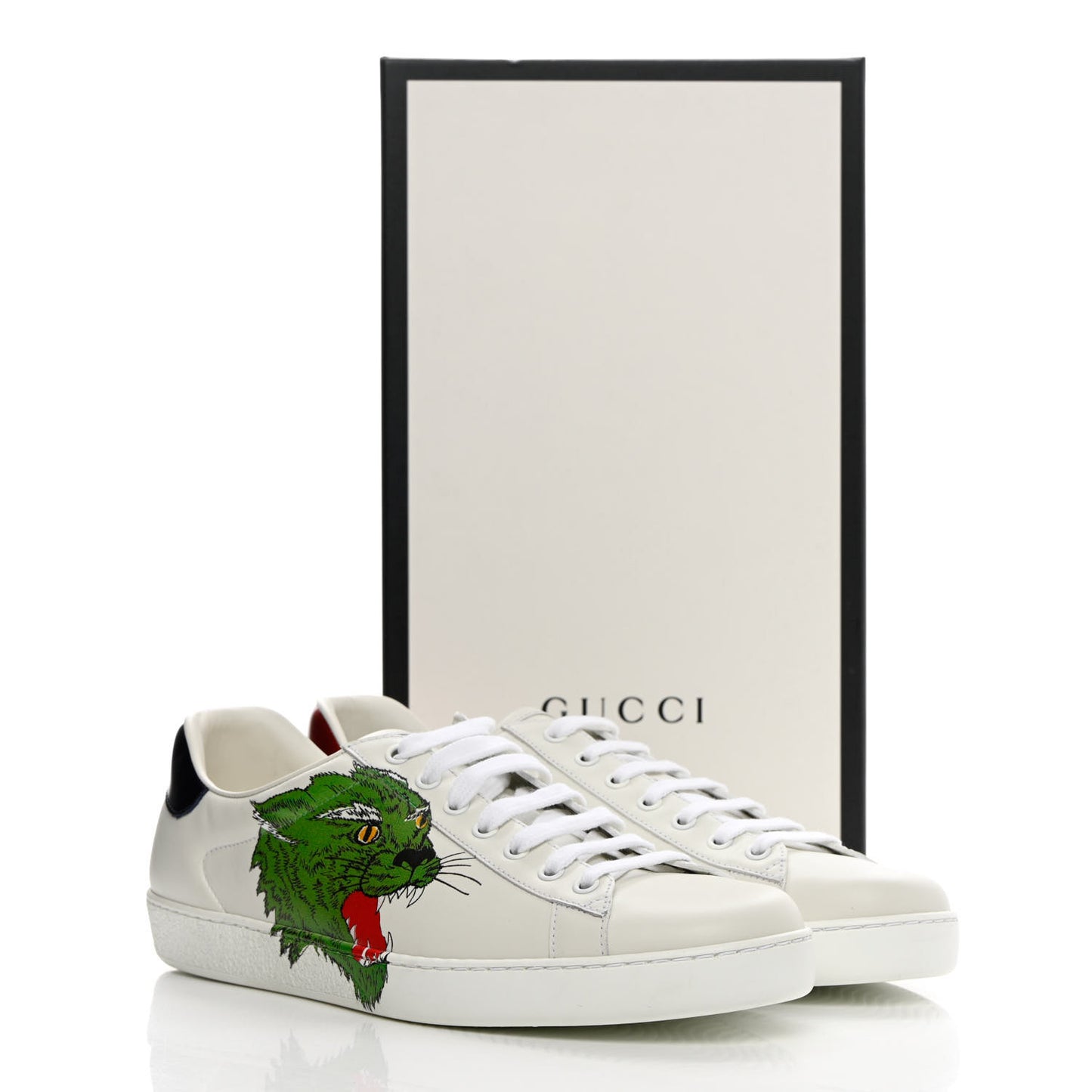 Calfskin Mens Green Panther Print Ace Sneakers 10.5 White