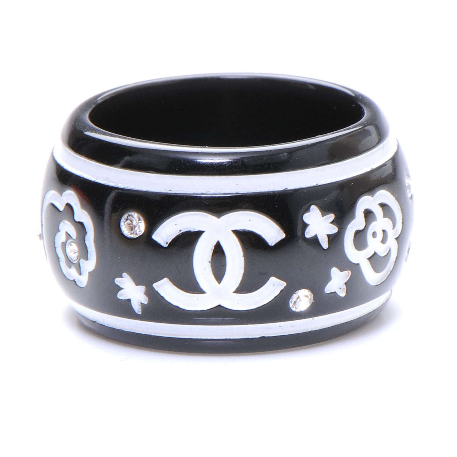 Chanel Resin Crystal CC Camellia Ring Black 6.5 1 of 4