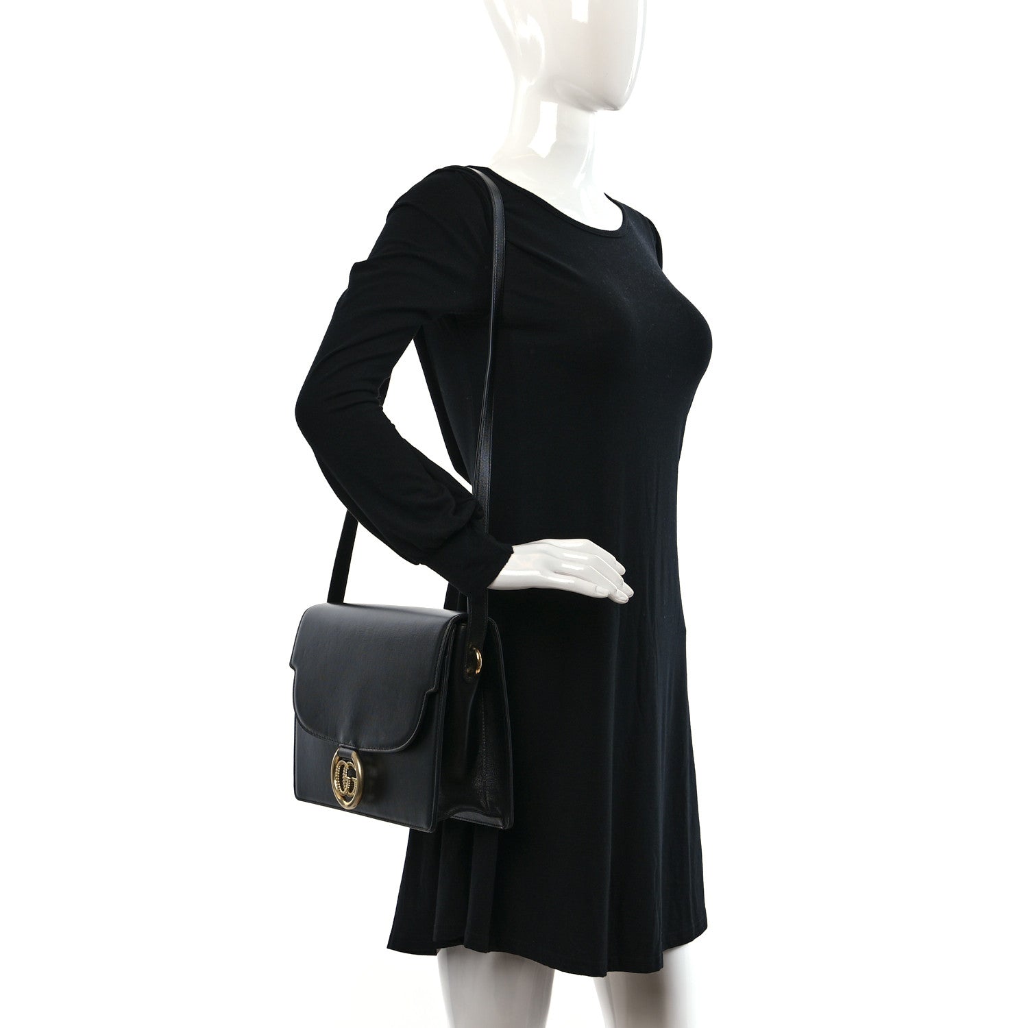 Gucci Textured Calfskin Medium Torchon GG Ring Shoulder Bag Black 2 of 9