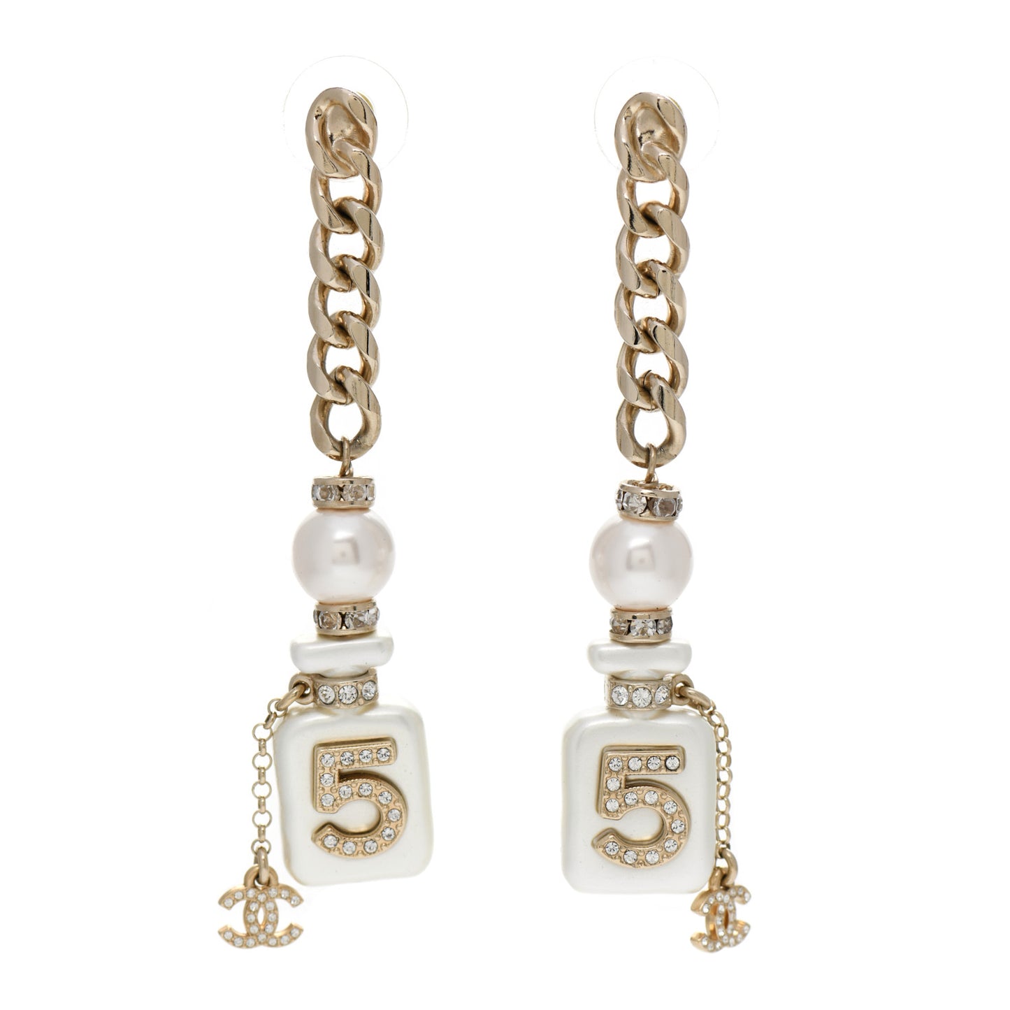Pearl Resin Crystal CC No 5 Perfume Bottle Chain Drop Earrings Gold Pearly White