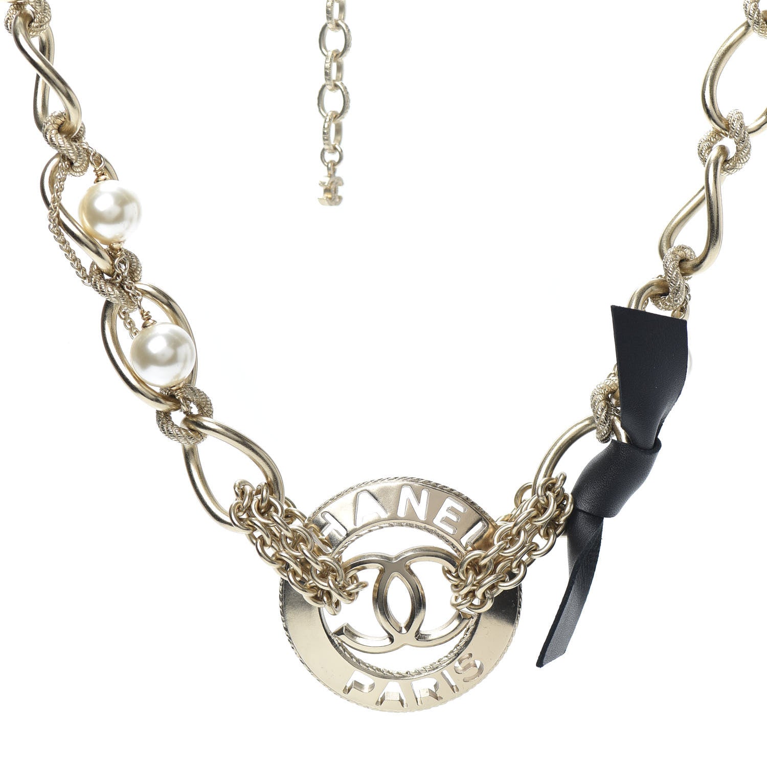 Chanel Metal Pearl Chain CC Paris Pendant Necklace Light Gold 1 of 4