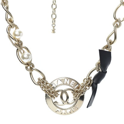 Chanel Metal Pearl Chain CC Paris Pendant Necklace Light Gold 1 of 4