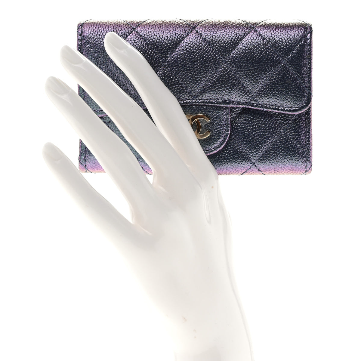 Iridescent Caviar Flap Quilted Card Holder Wallet Dark Blue