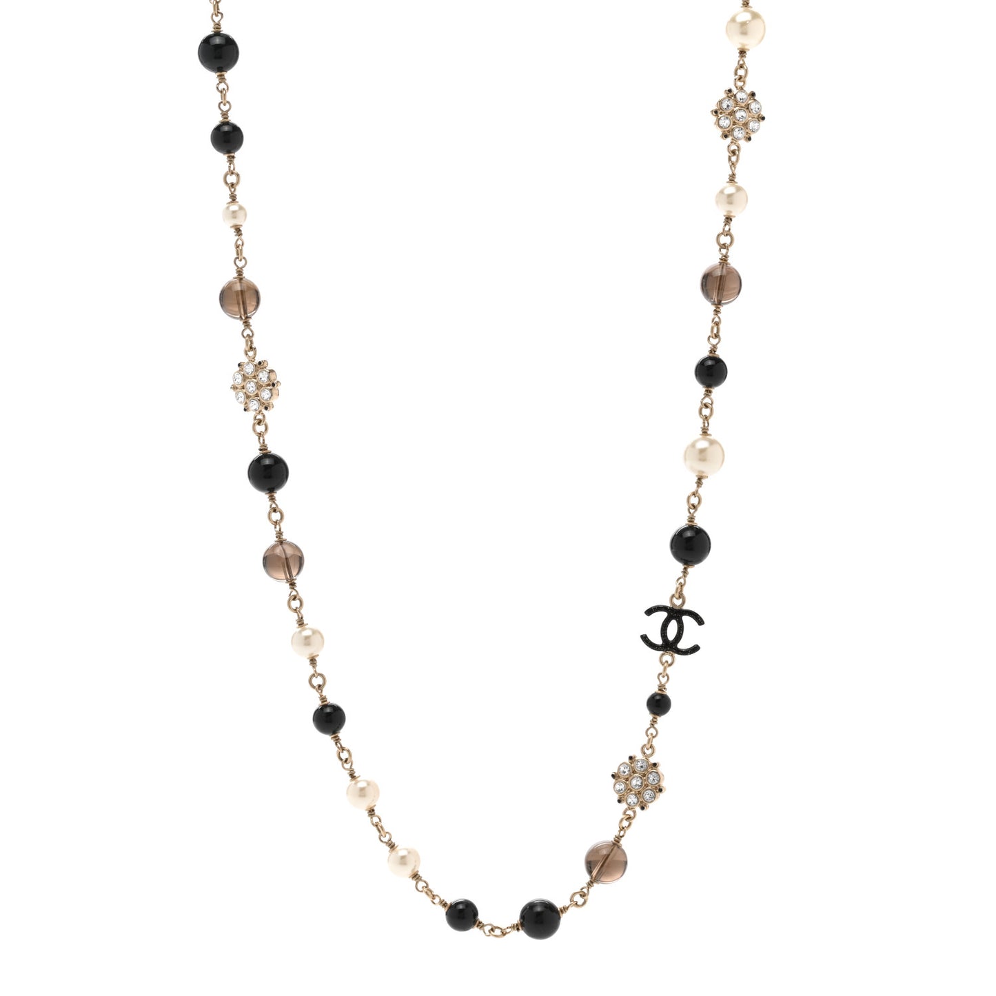 Pearl Crystal Bead CC Long Necklace Black Gold
