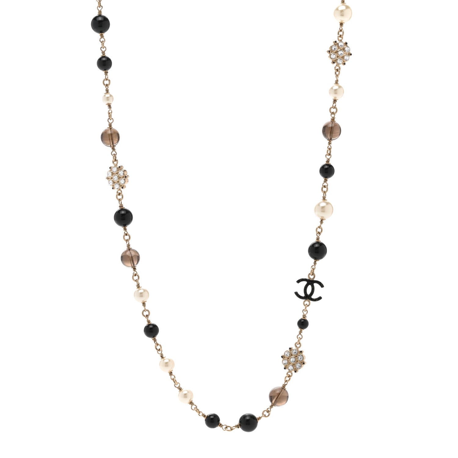 Chanel Pearl Crystal Bead CC Long Necklace Black Gold 1 of 6