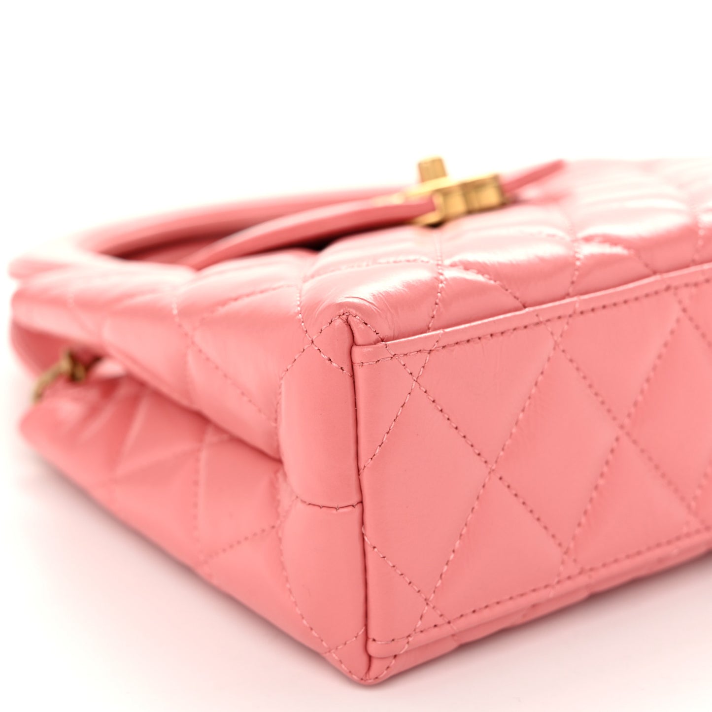 Shiny Aged Calfskin Quilted Nano Kelly Shopper Coral Pink