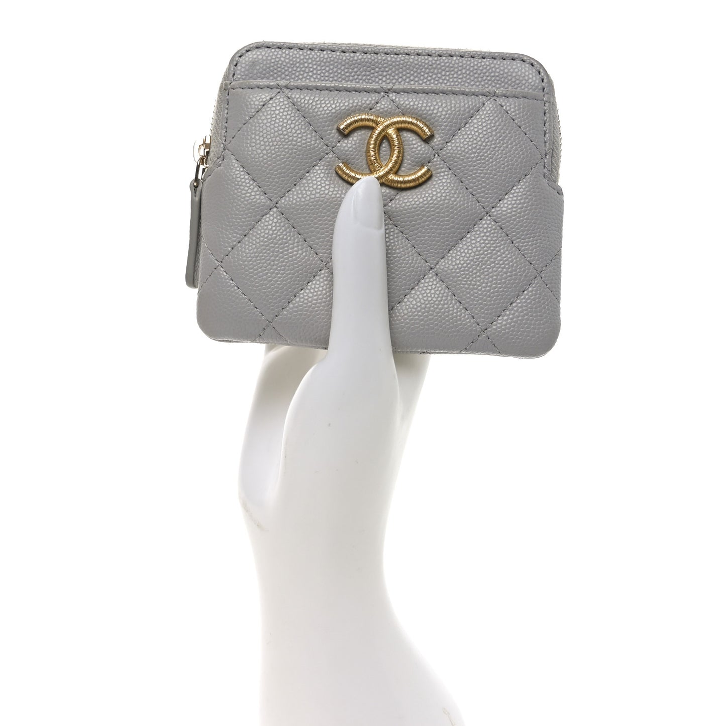 Caviar Quilted Textured CC Zip Card Holder Wallet  Grey