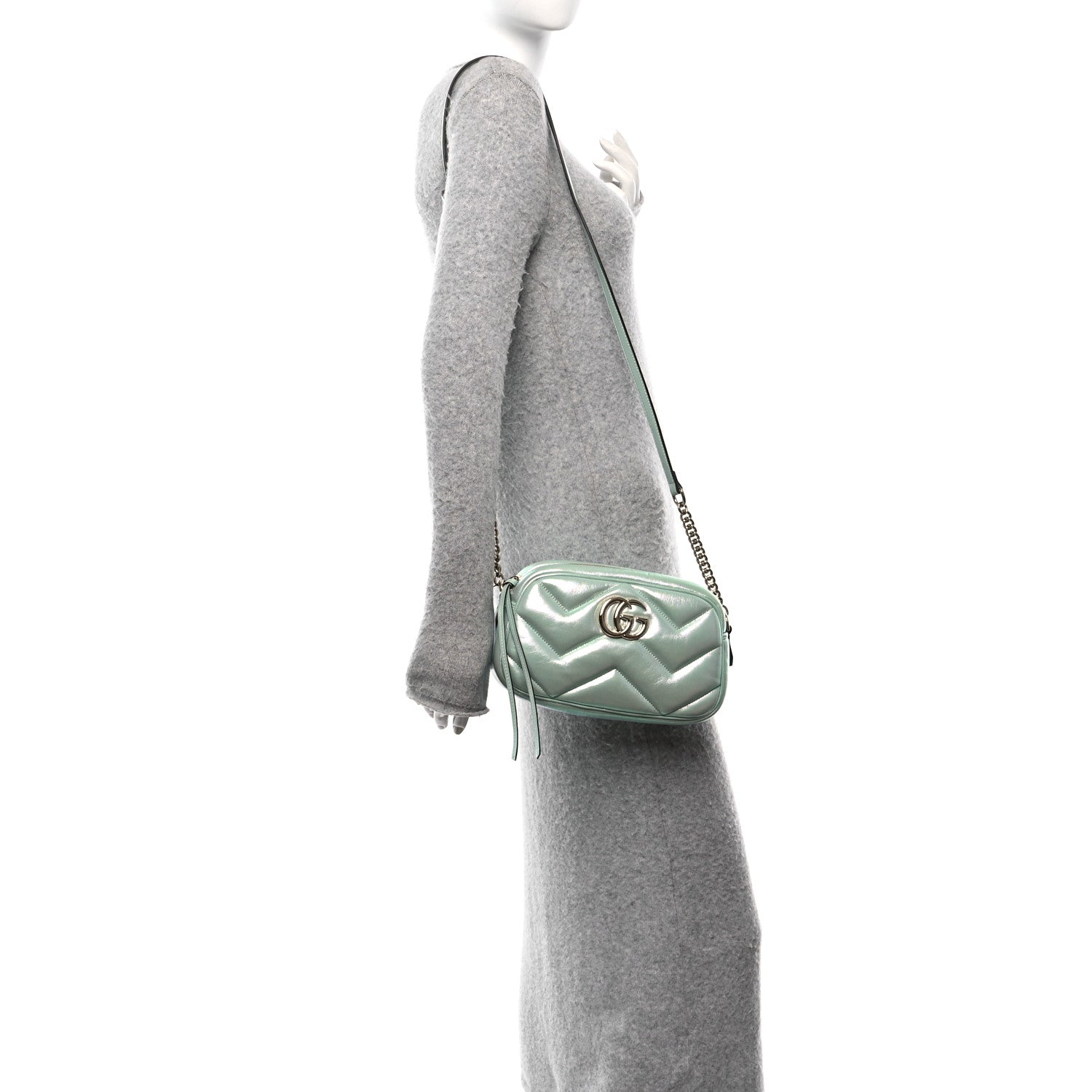 Gucci Iridescent Nappa Chevron Matelasse Small GG Marmont Chain Shoulder Bag Iridescent Salvy Green 2 of 12