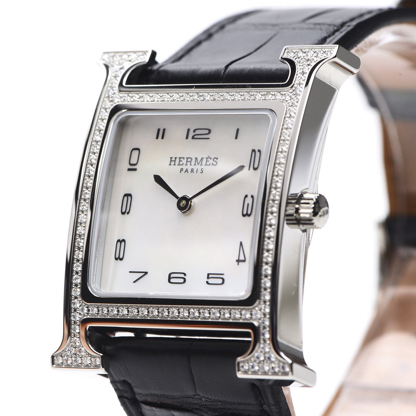 Stainless Steel Alligator Diamond Bezel Mother of Pearl 26mm Heure H Hour Quartz Watch Noir