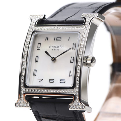 Hermes Stainless Steel Alligator Diamond Bezel Mother of Pearl 26mm Heure H Hour Quartz Watch Noir 8 of 9