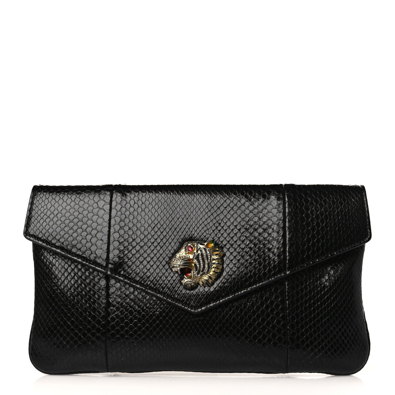 Gucci Snakeskin Rajah Broadway Envelope Clutch Black 1 of 10