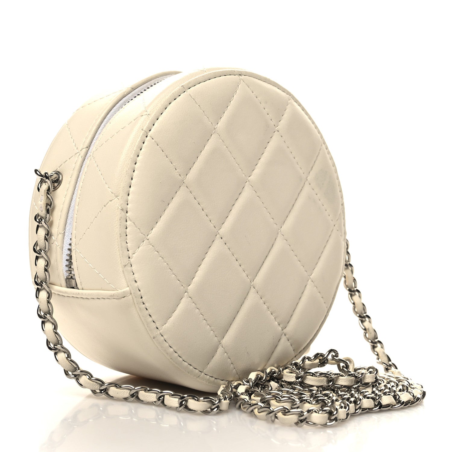 Chanel Lambskin Metal Quilted Round Clutch With Chain White Silver 3 of 11