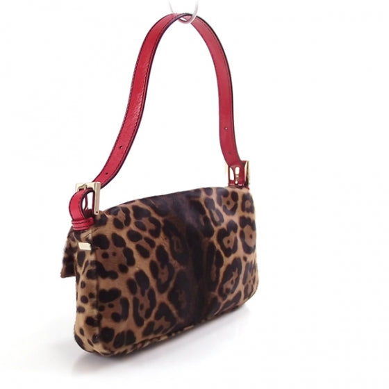 Calf Hair Leopard Print Baguette Red