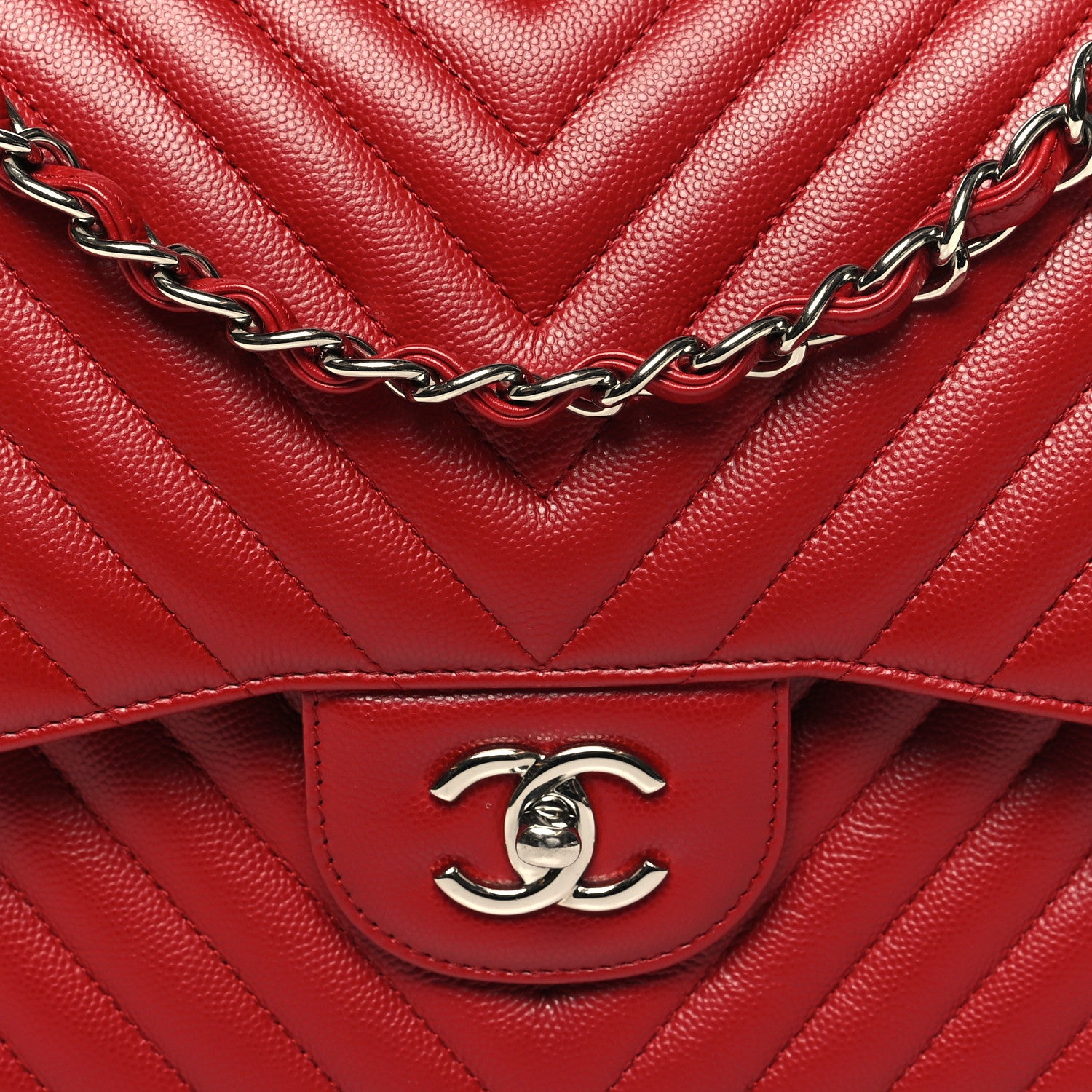 Chanel Caviar Chevron Quilted Jumbo Double Flap Red 8 of 12