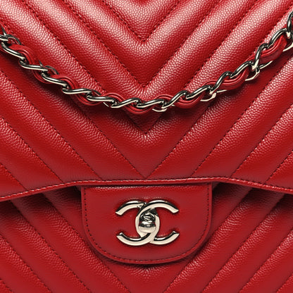Chanel Caviar Chevron Quilted Jumbo Double Flap Red 8 of 12