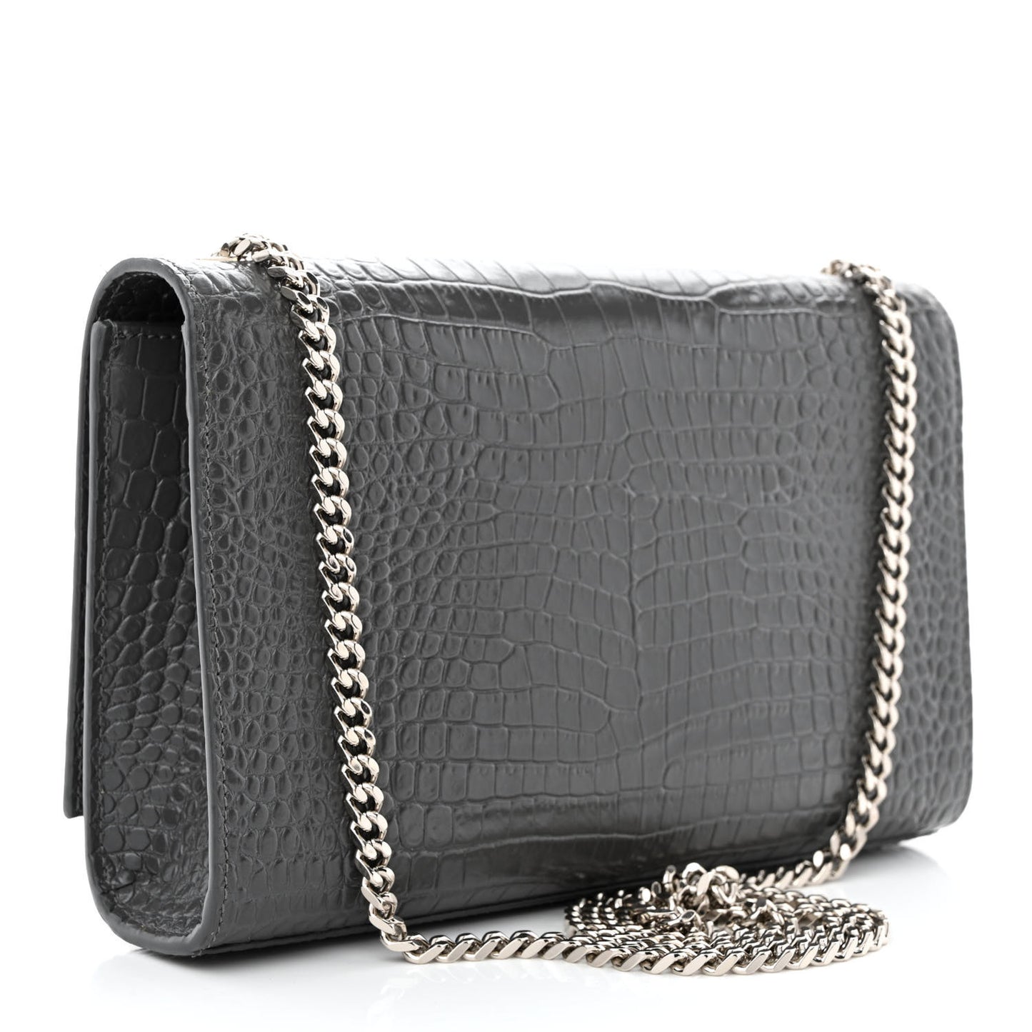 Calfskin Crocodile Embossed Medium Classic Monogram Kate Tassel Satchel Storm