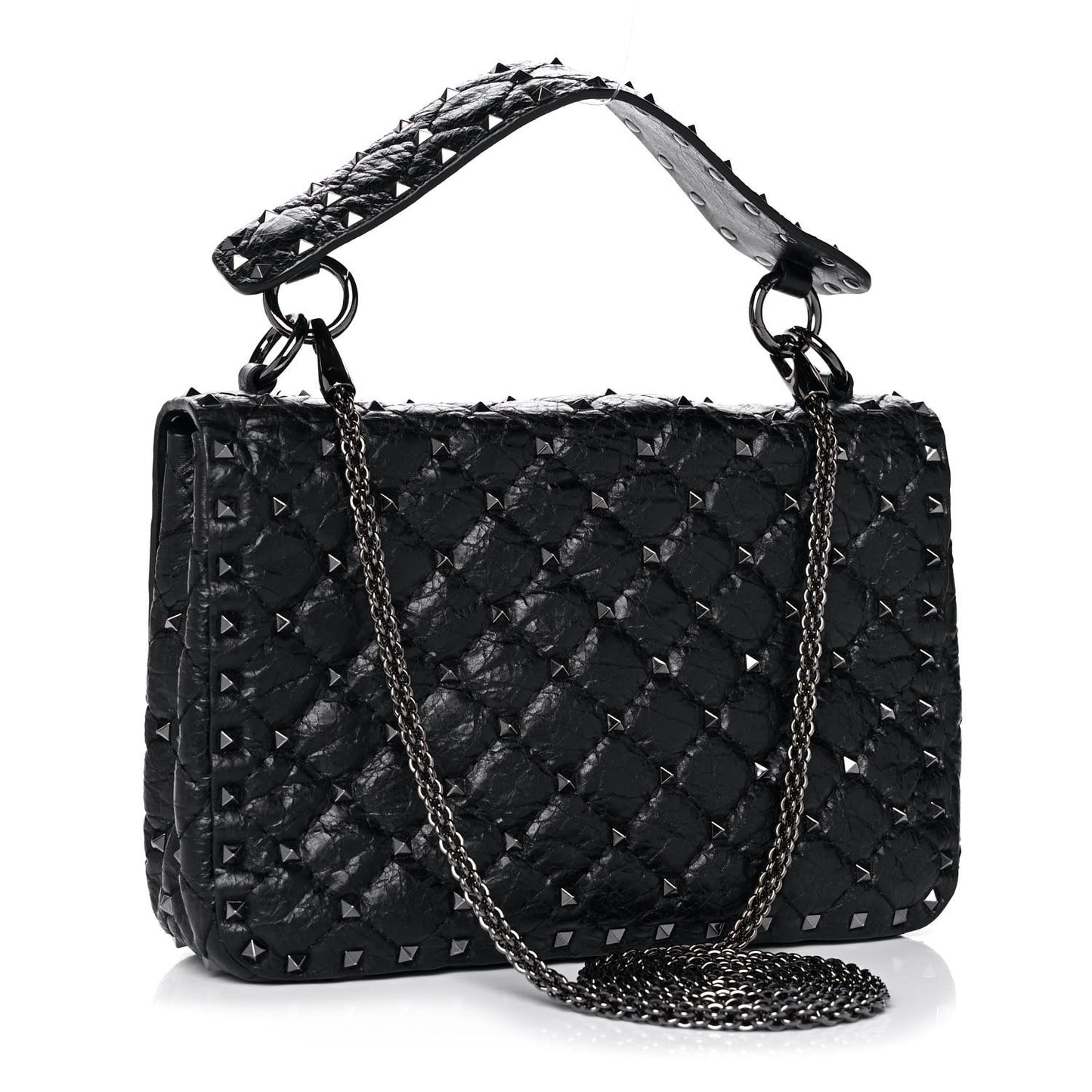 Craquele Nappa Medium Rockstud Spike Shoulder Bag Black