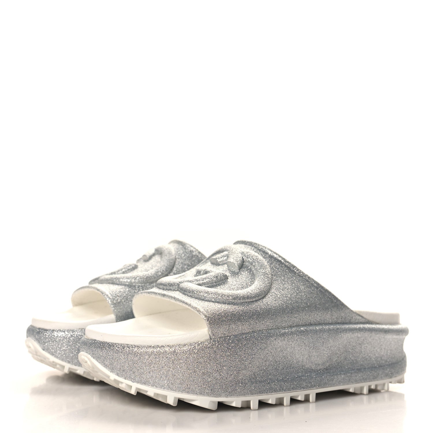 Gucci Glitter Rubber Womens Interlocking G Platform 42mm Slide Sandals 35 Silver 4 of 9