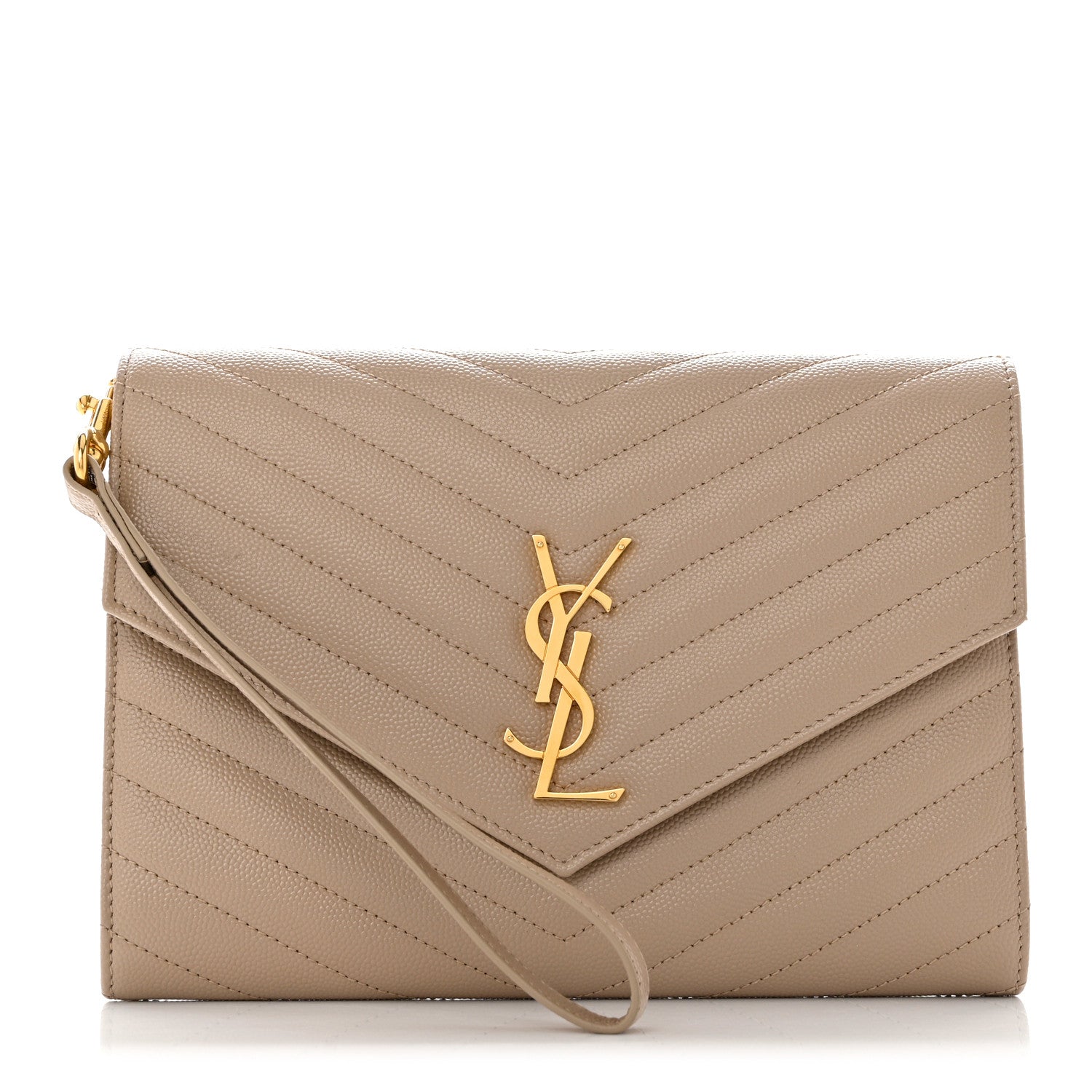 Saint Laurent Grain De Poudre Matelasse Chevron Monogram Envelope Clutch Dark Beige 1 of 7