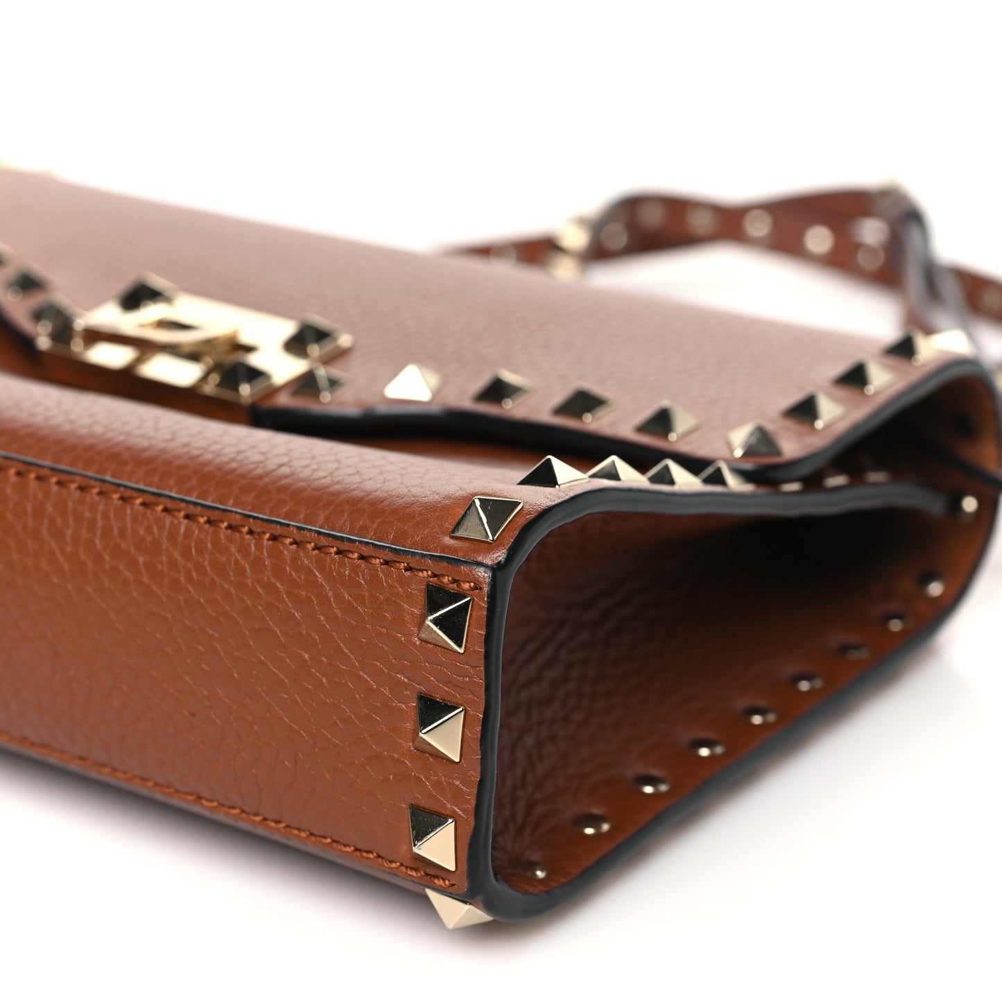 Pebbled Calfskin Medium Rockstud Flip Lock Crossbody Bag Saddle Brown