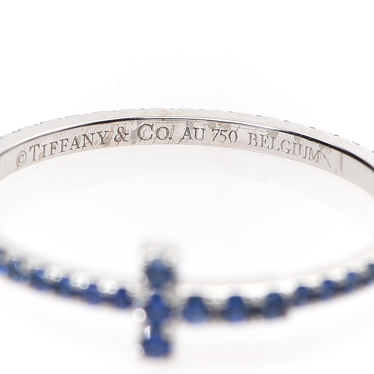 18K White Gold Blue Sapphire T Wire Pave Ring 52 6