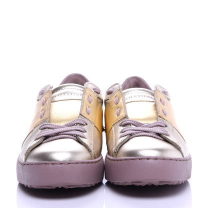 Valentino Garavani Metallic Calfskin Rockstud Open Sneakers 36.5 Silver Gold Pink 3 of 10