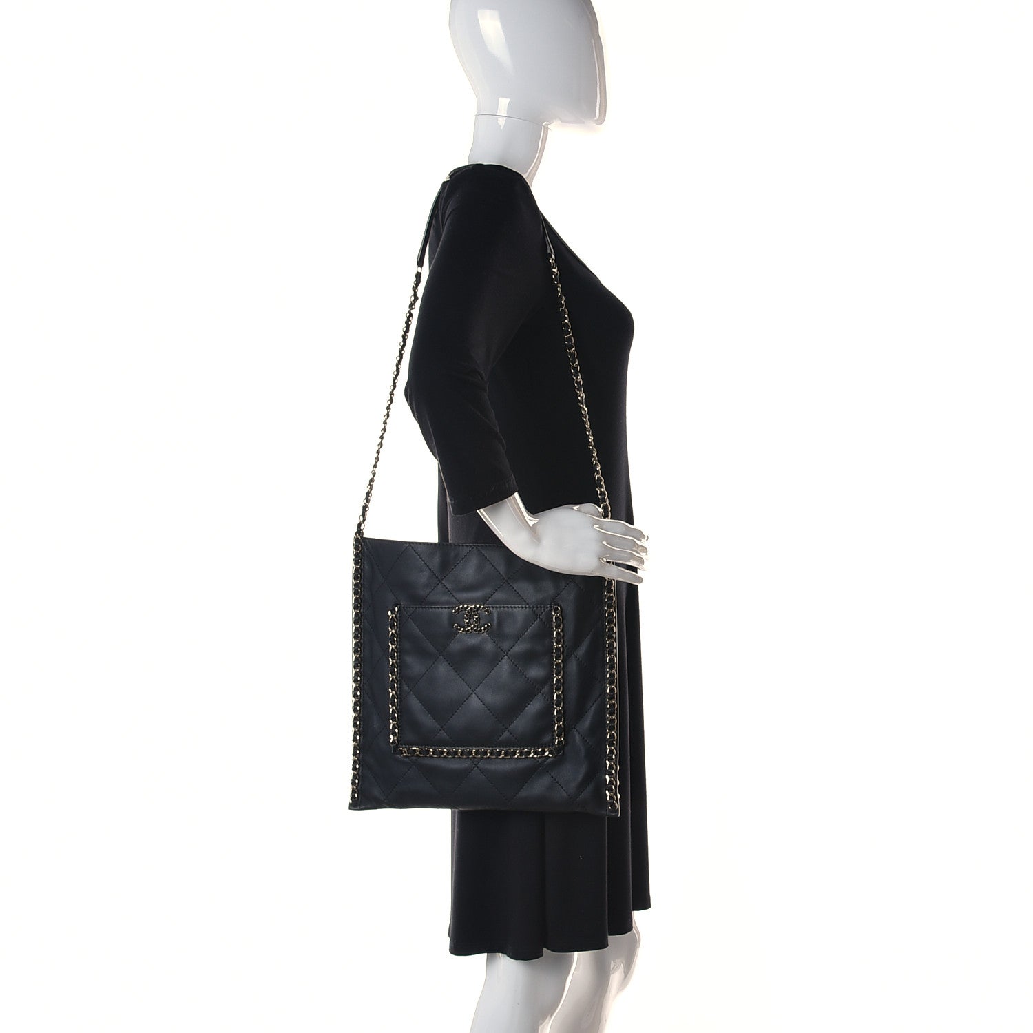 Chanel Calfskin Quilted Chain Flat Tote Black 2 of 12
