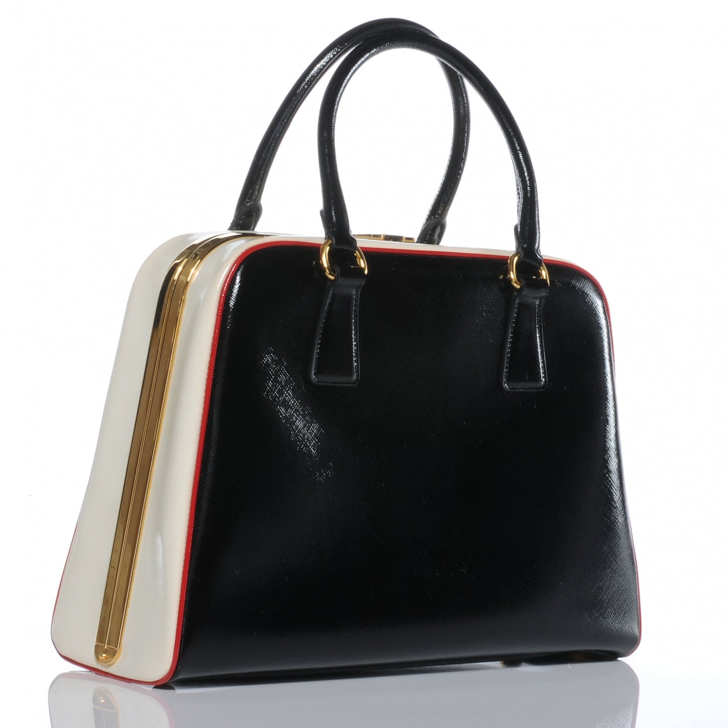 Saffiano Vernice Pyramid Bag Black White Rosso