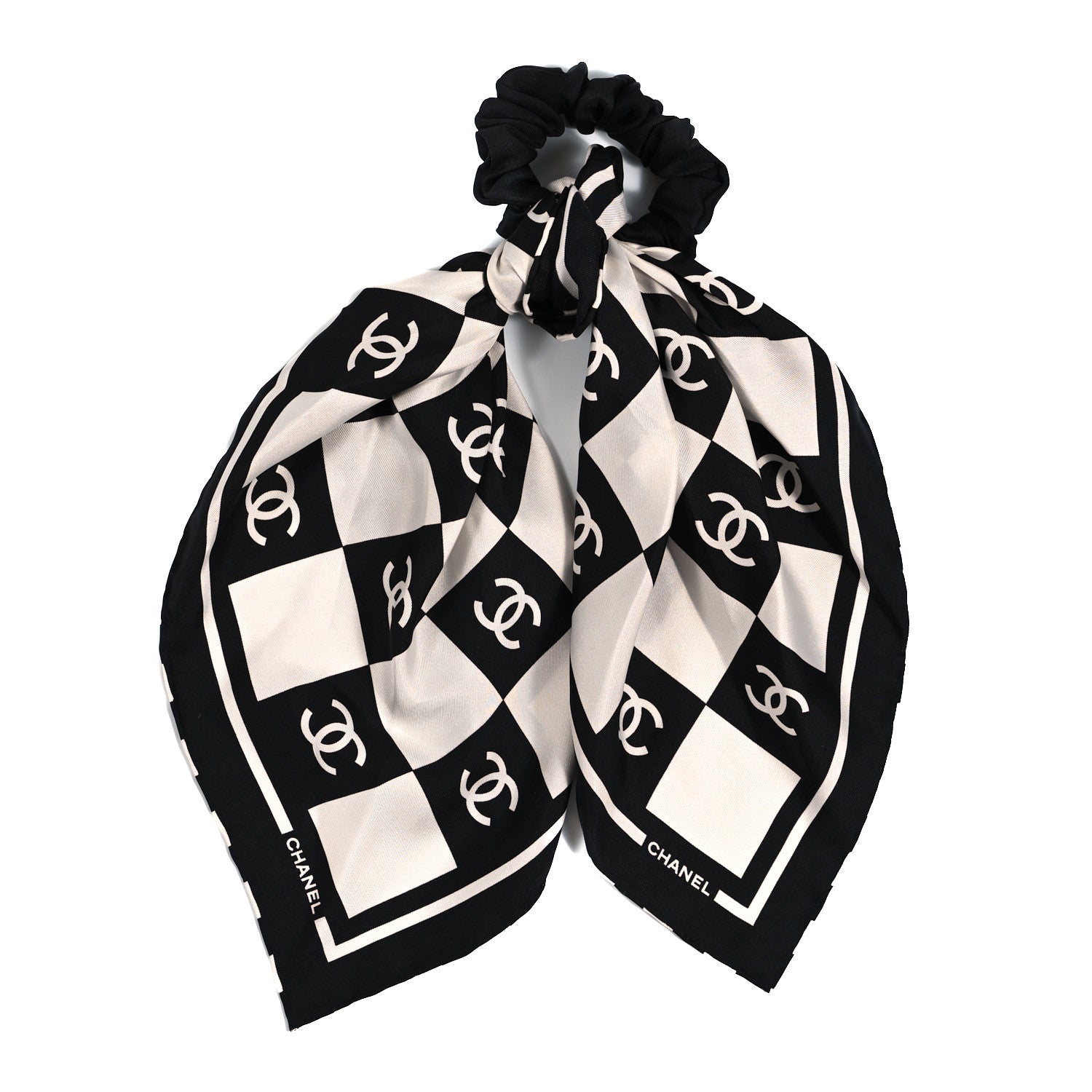 Chanel Silk CC Scarf Hair Tie Black White 1 of 4