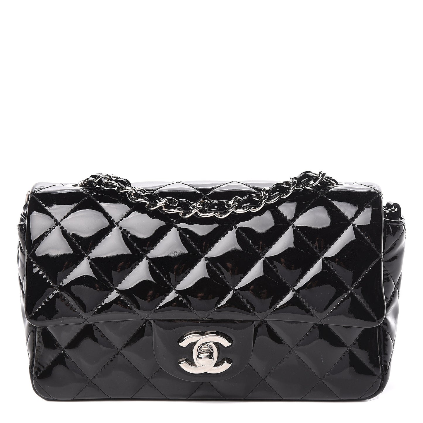 Patent Calfskin Quilted Mini Rectangular Flap Black