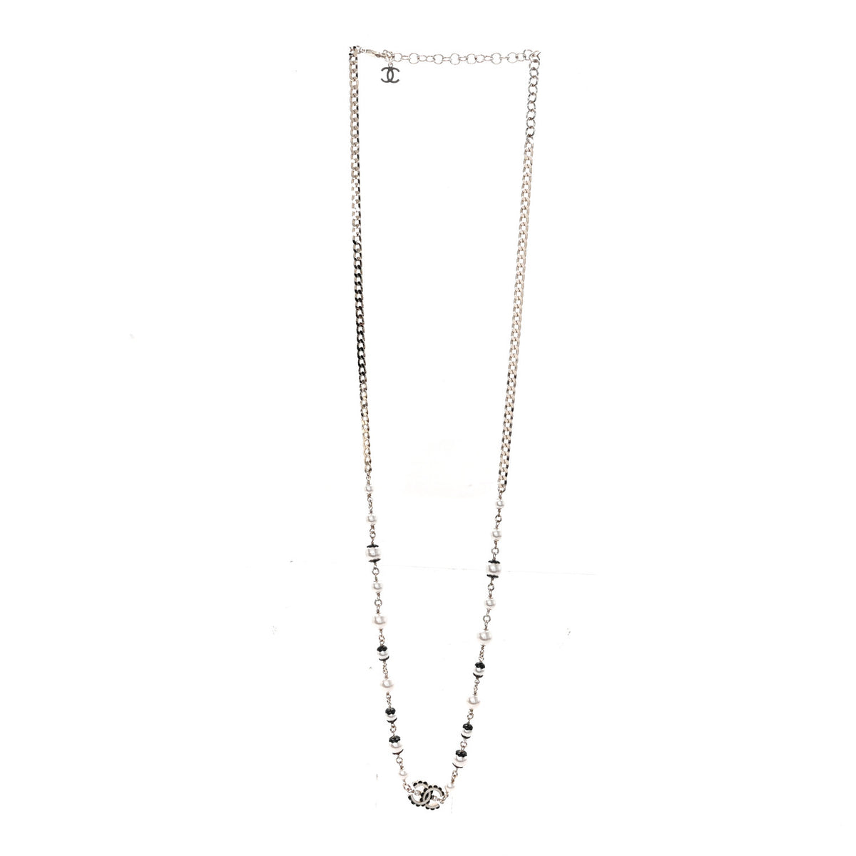 Metal Enamel Pearl CC Necklace Gold Black White
