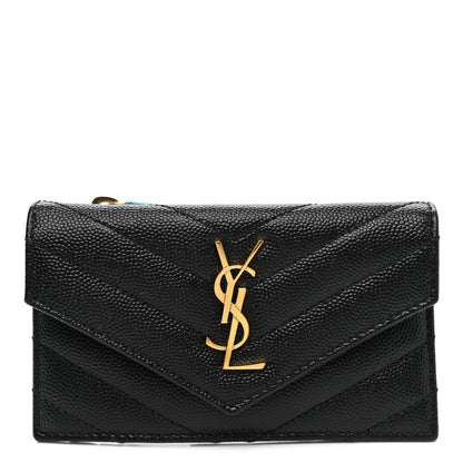 Saint Laurent Grain De Poudre Matelasse Chevron Monogram Compact Wallet Black 1 of 6