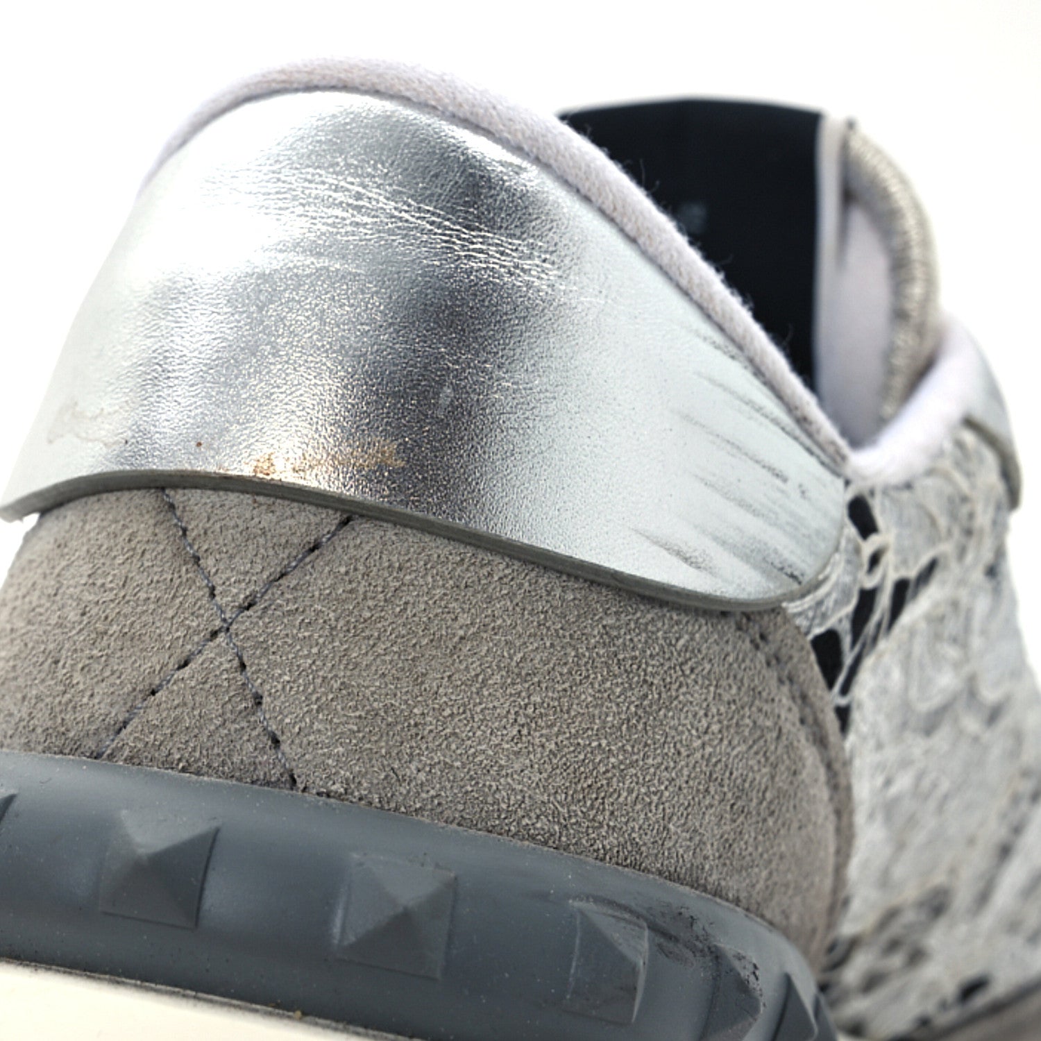 Valentino Garavani Metallic Calfskin Lace Mesh Lacerunner Sneaker 37.5 Silver Pastel Gray 12 of 15