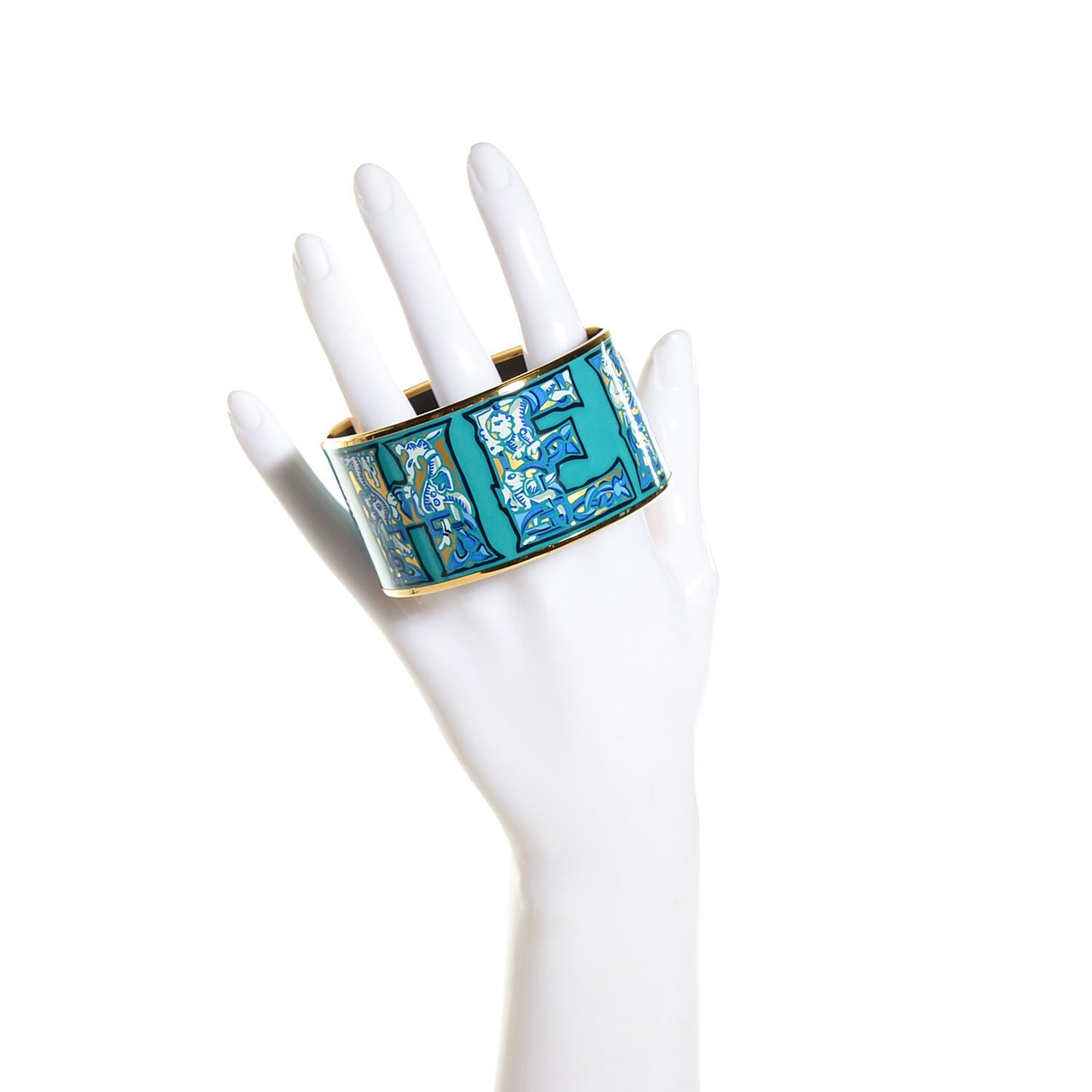 Enamel Printed Alphabet Russe Extra Wide Bracelet 70 Turquoise Bleu Kaki Jaune