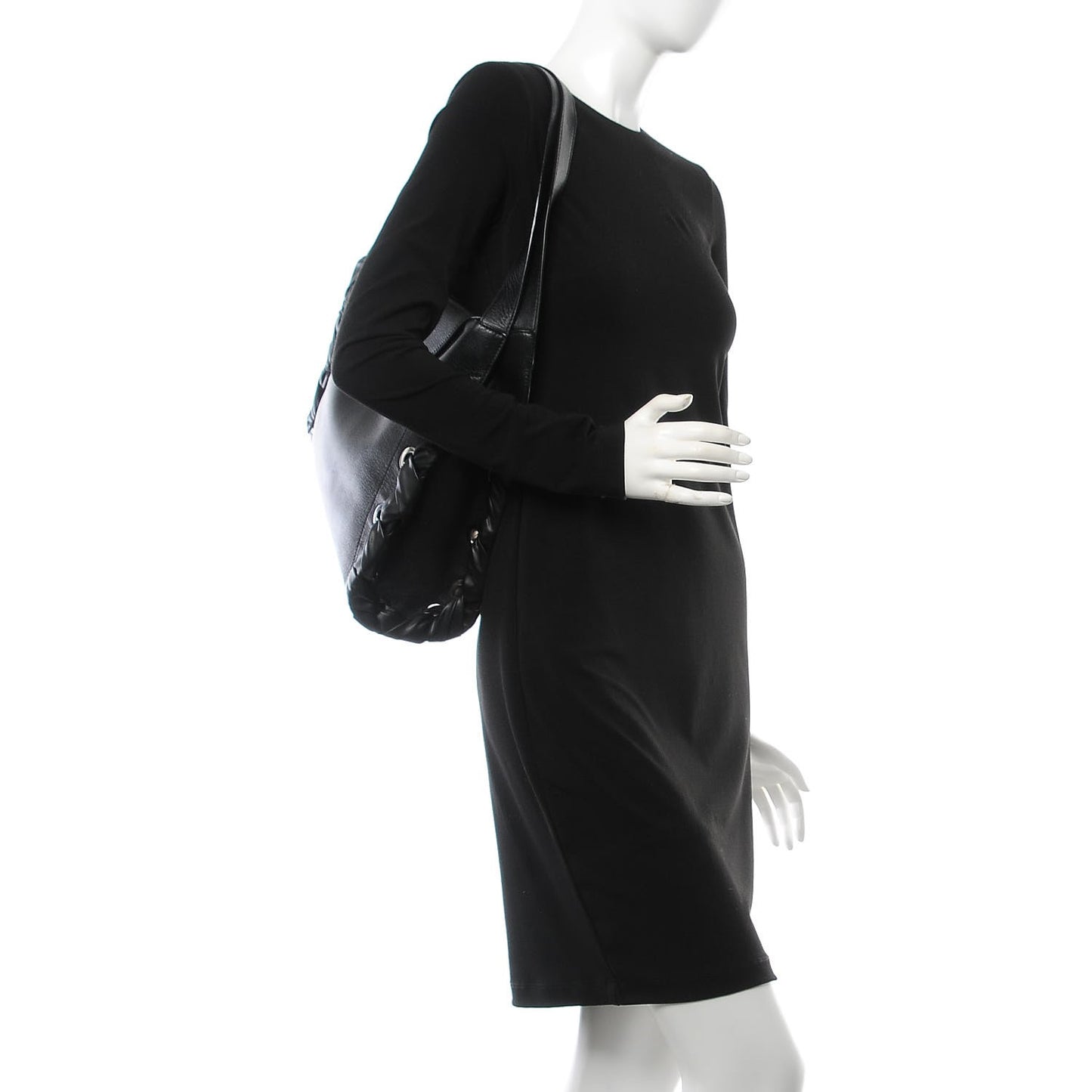 Grainy Calfskin Grommet Lace Up Rion Shoulder Bag Black