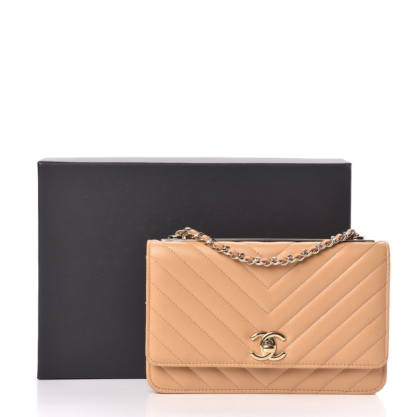 Lambskin Chevron Quilted Trendy CC Wallet On Chain WOC Beige