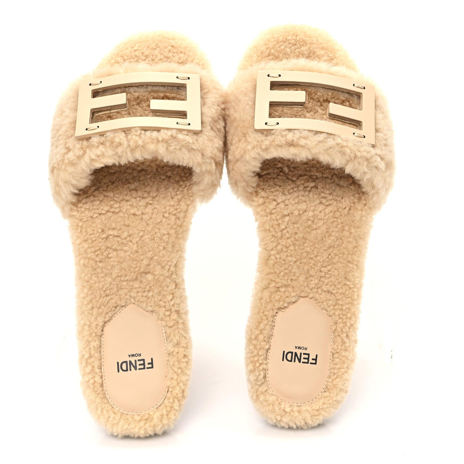 Fendi Shearling FF Baguette Slide Sandals 37.5 Beige Naturale 2 of 9